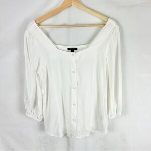 RW&CO Puff Sleeve Square Neck Button Front Blouse Size XS White 3/4 Sleeve‎